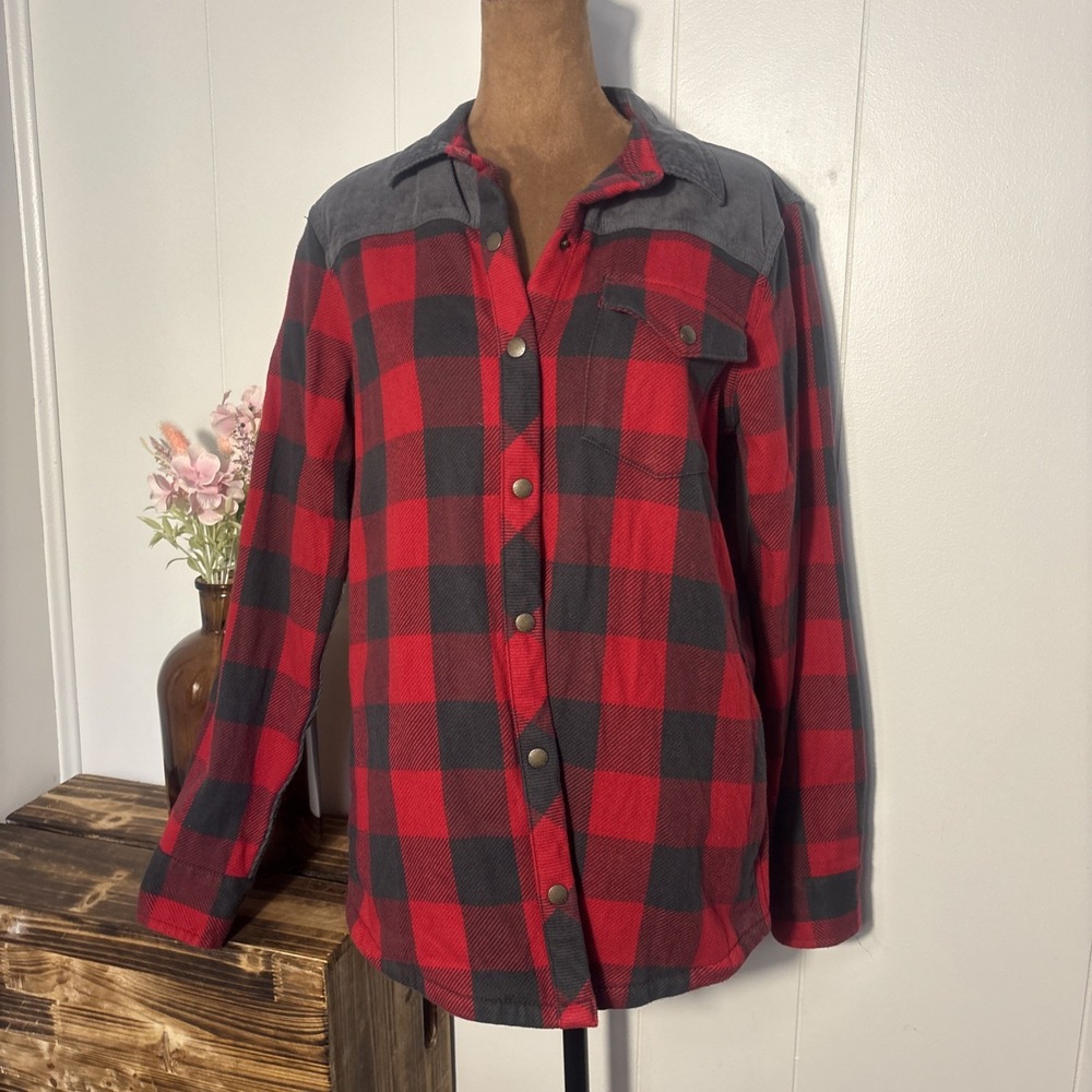 Eddie Bauer Red Gray Buffalo Plaid Corduroy Button Down FIRESIDE Shirt Sz Small